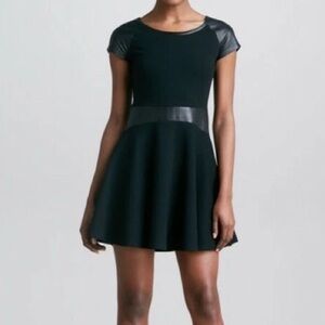 Diane Von Furstenberg Black Fit & Flare Skater Dress,  Leather Details, Size 0